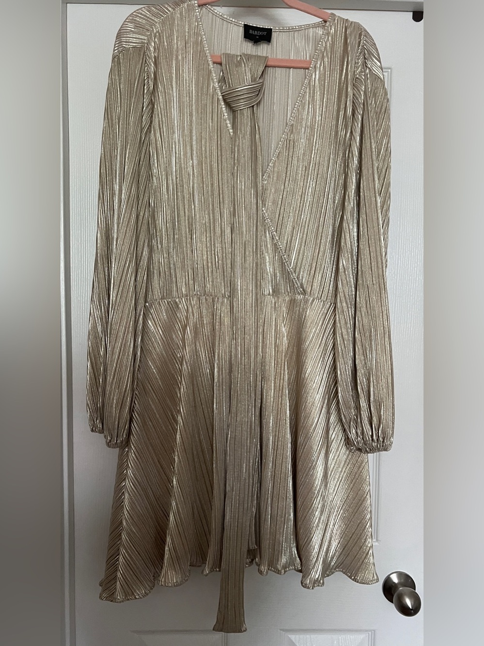 Champagne Pleated Long-Sleeve Short Dress - Sz XXL